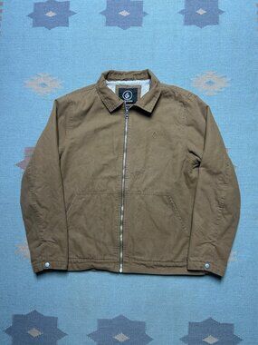 Volcom Sherpa lined canvas jacket Carhartt style zip skater tan FLAW medium
